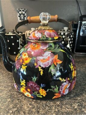 Black Floral Enamel MacKenzie-Childs Teapot with Glass Knob Retired